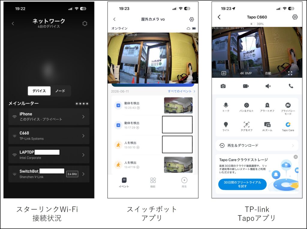 スターリンク、防犯カメラ、遠隔監視、遠隔操作、スイッチボット、Tapo